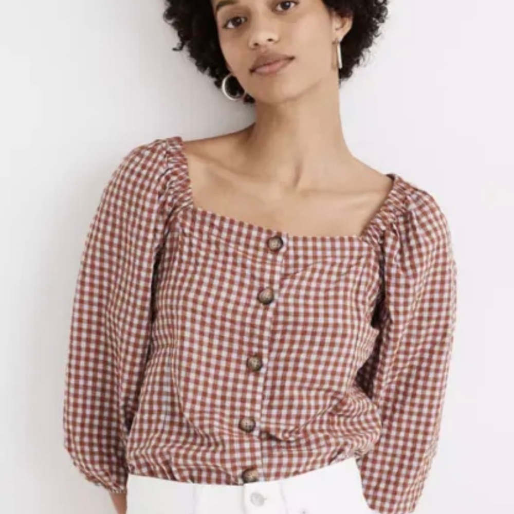 Madewell Womens Gingham Seersucker Puff-Sleeve Button-Front Top Sz 4 Red